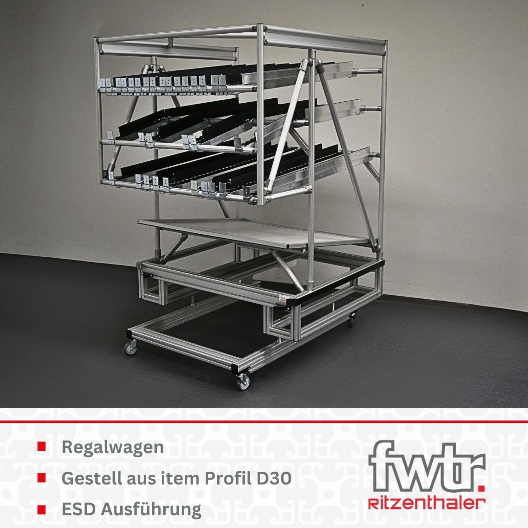EIn Regalwagen aus Profiltechnik mit mehreren Etagen Kleinladungsträgern. Darunter steht Regalwagen, Gestell aus item Profil D30 und ESD Ausführung.