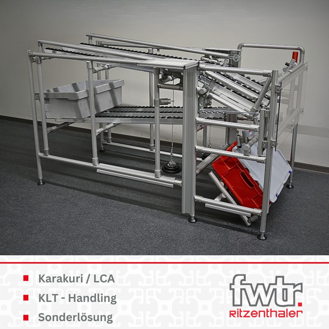 Eine Karakuri-Konstruktion aus Aluprofilen zum Transport von Kisten. Darunter steht Karakuri/LCA, KLT-Handling und Sonderlösungen