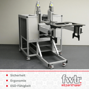 Mobiler Manipulator für schwere Bauteile aus Aluprofilen. Darunter steht Sicherheit, Ergonomie und ESD-Fähigkeit