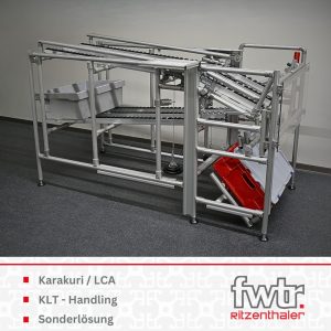 Eine Karakuri-Konstruktion aus Aluprofilen zum Transport von Kisten. Darunter steht Karakuri/LCA, KLT-Handling und Sonderlösungen