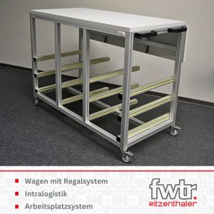 Rollwagen aus Aluprofilen mit Haltegriffen und mehreren Regalschienen. Darunter steht Wagen mit Regalsystem, Intralogistik und Arbeitsplatzsystem