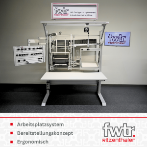 Ein Arbeitsplatzsystem aus Aluprofilen. An einer Tischplatte sind mehrere Erweiterungen befestigt. Darunter stehen die Wörter Arbeitsplatzsystem, Bereistellungskonzept und Ergonomisch.